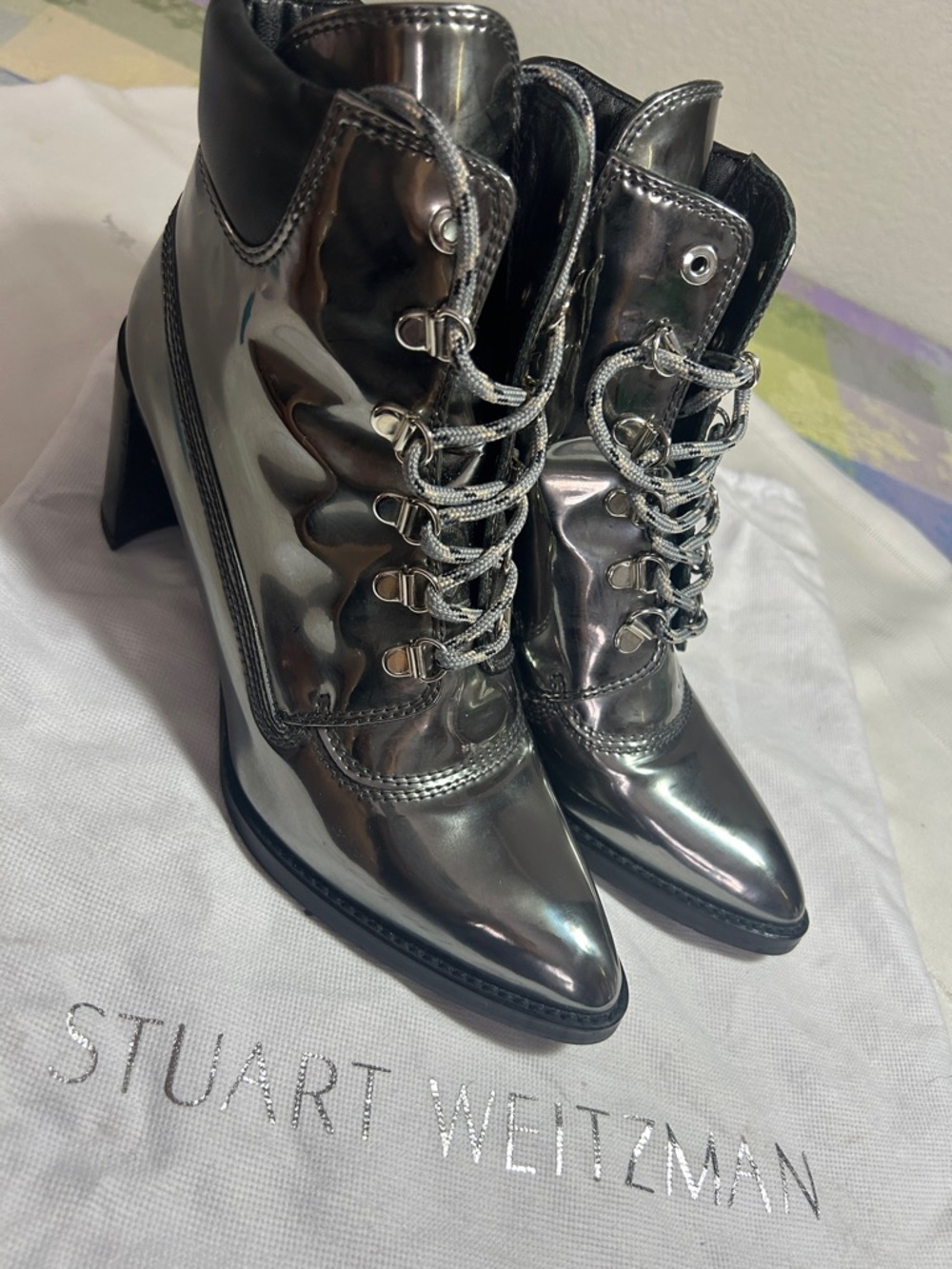 Stuart Weitzman GIGI Metallic Silver Lace-Up Pointed-Toe Ankle Boots